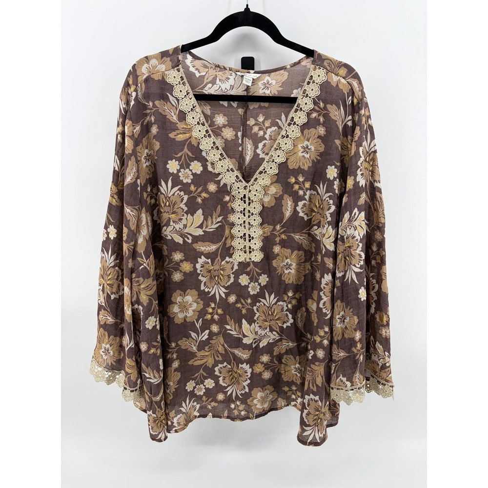 Cato, Ruffled Floral Lace Trim Top, Brown Floral Pattern, 3/4 Sleeve, 26/28W
